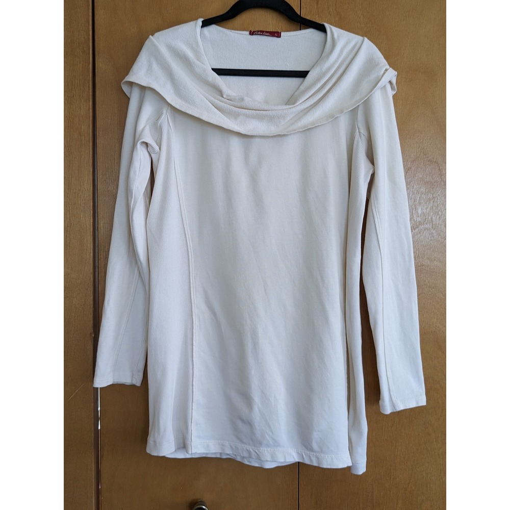 Barbara Lesser Cream Mixed Media Hooded Tunic Cowl Neck Ribbed Top 2721WFX L